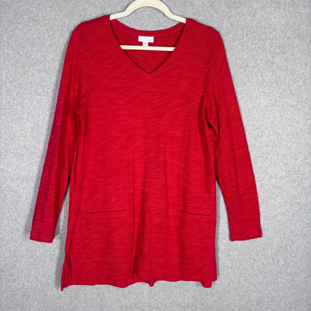 J Jill Tunic‎ Top SmallS Red Cotton Slub Knit Pockets Lagenlook Artsy Minimalist